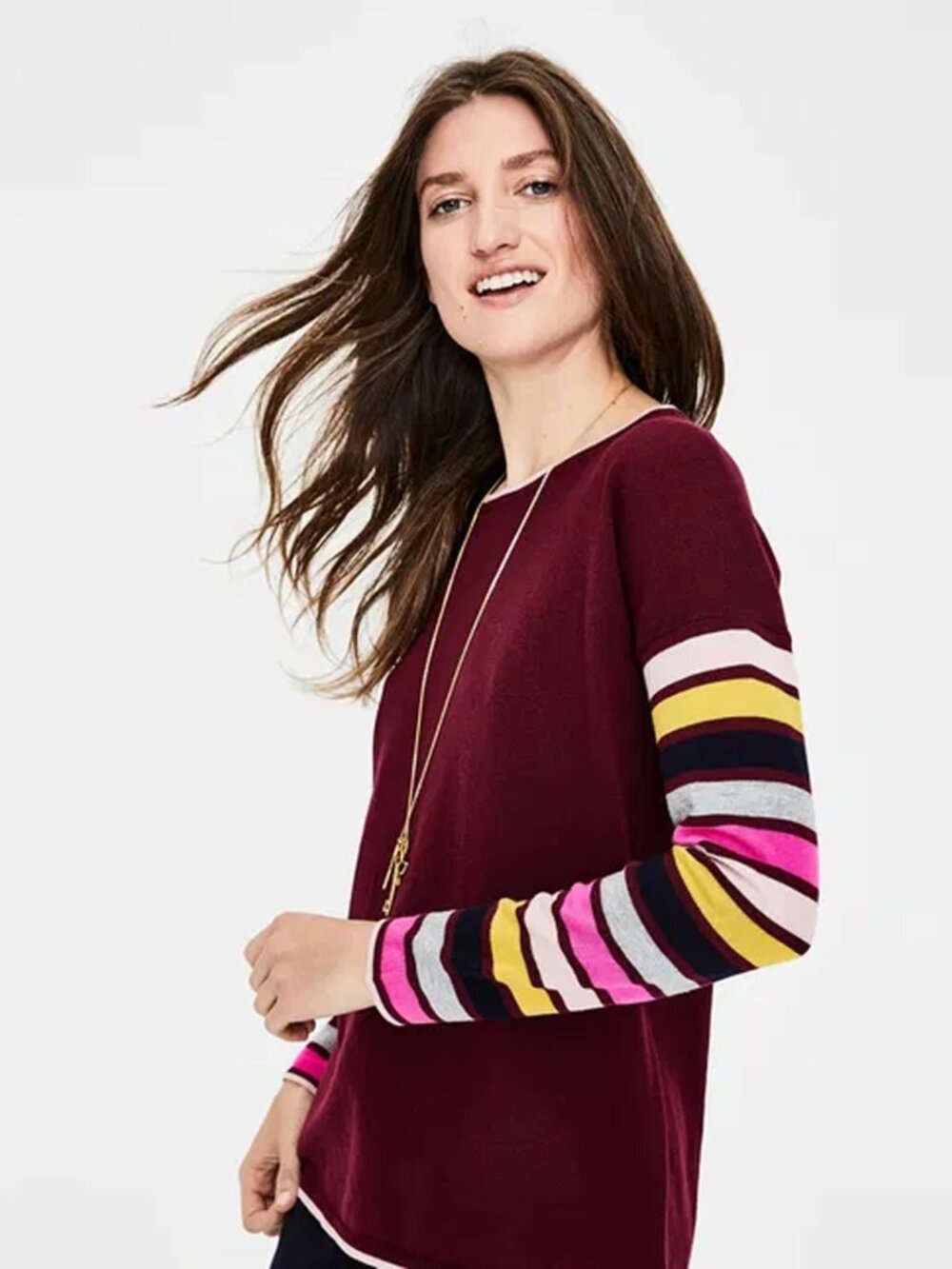 Boden Berwick Jumper Burgundy Striped Sleeve Wool Blend Sweater small